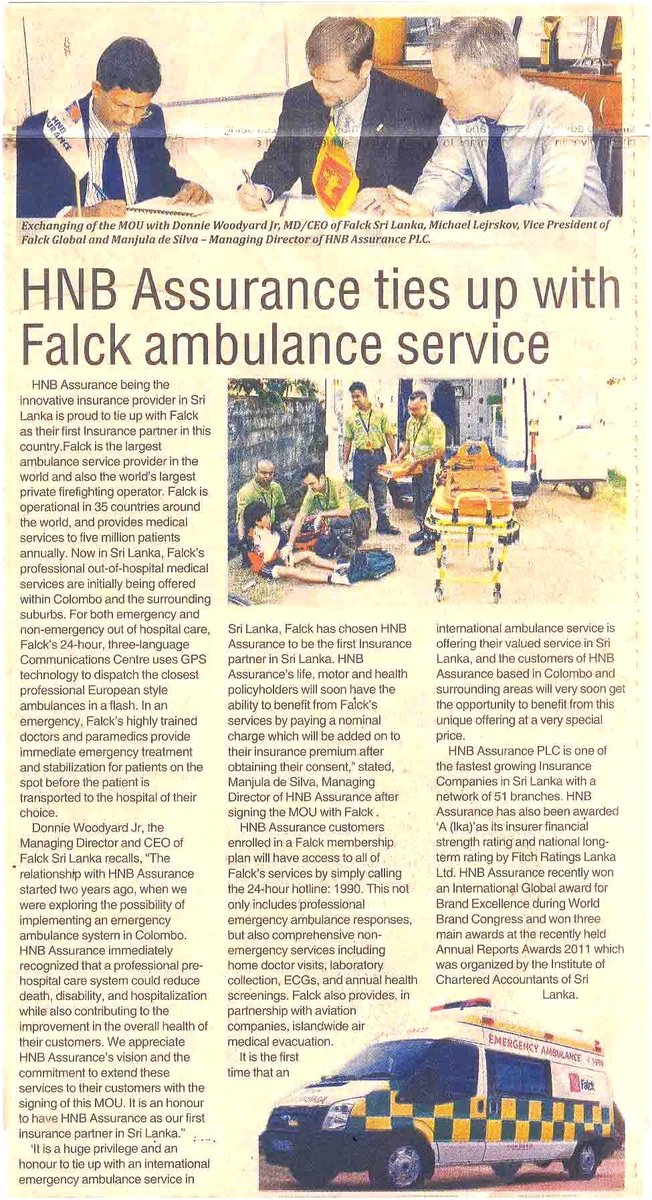 Newspaper clipping: HNB Assurance ties up with Falck ambulance service. Photo shows Donnie Woodyard, Jr., Michael Lejrskov of Falck Global, and Manjula de Silva of HNB Assurance signing the MOU.