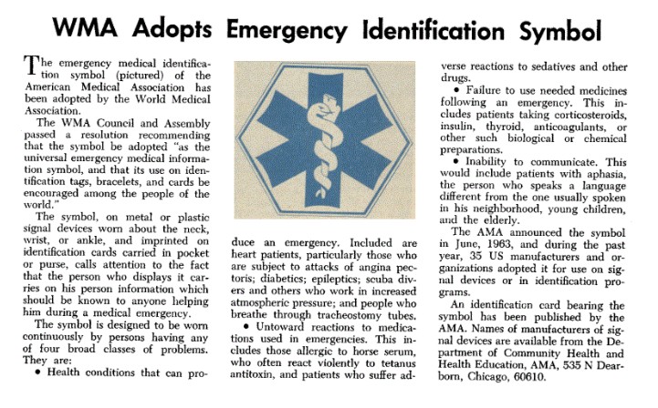 Journal article headlined 'WMA Adopts Emergency Identification Symbol' showing the Star of Life, the emergency medical identification symbol the American Medical Association announced in 1963.