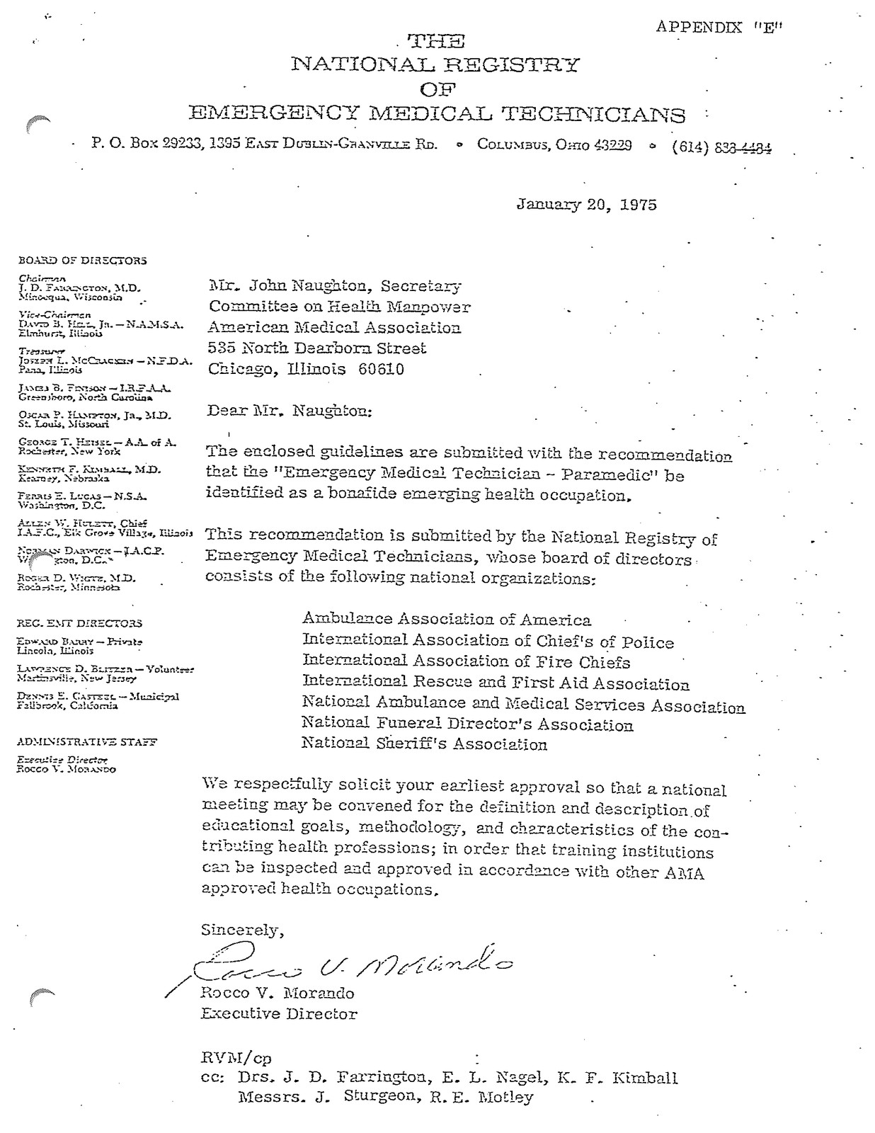 Scanned 1975 letter from National Registry of EMTs Executive Director Rocco V. Morando recommending that Emergency Medical Technician-Paramedic be recognized as a bonafide emerging health occupation.