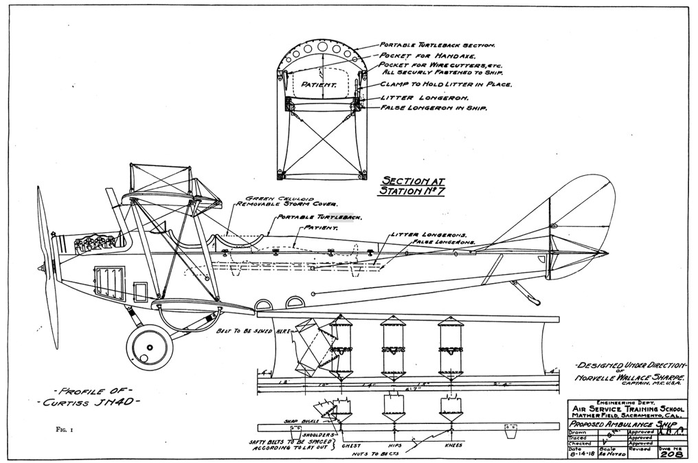 1918 engineering blueprint of a proposed air ambulance based on the Curtiss JN-4D biplane, drawn at the Air Service Training School, Mather Field, Sacramento, California.