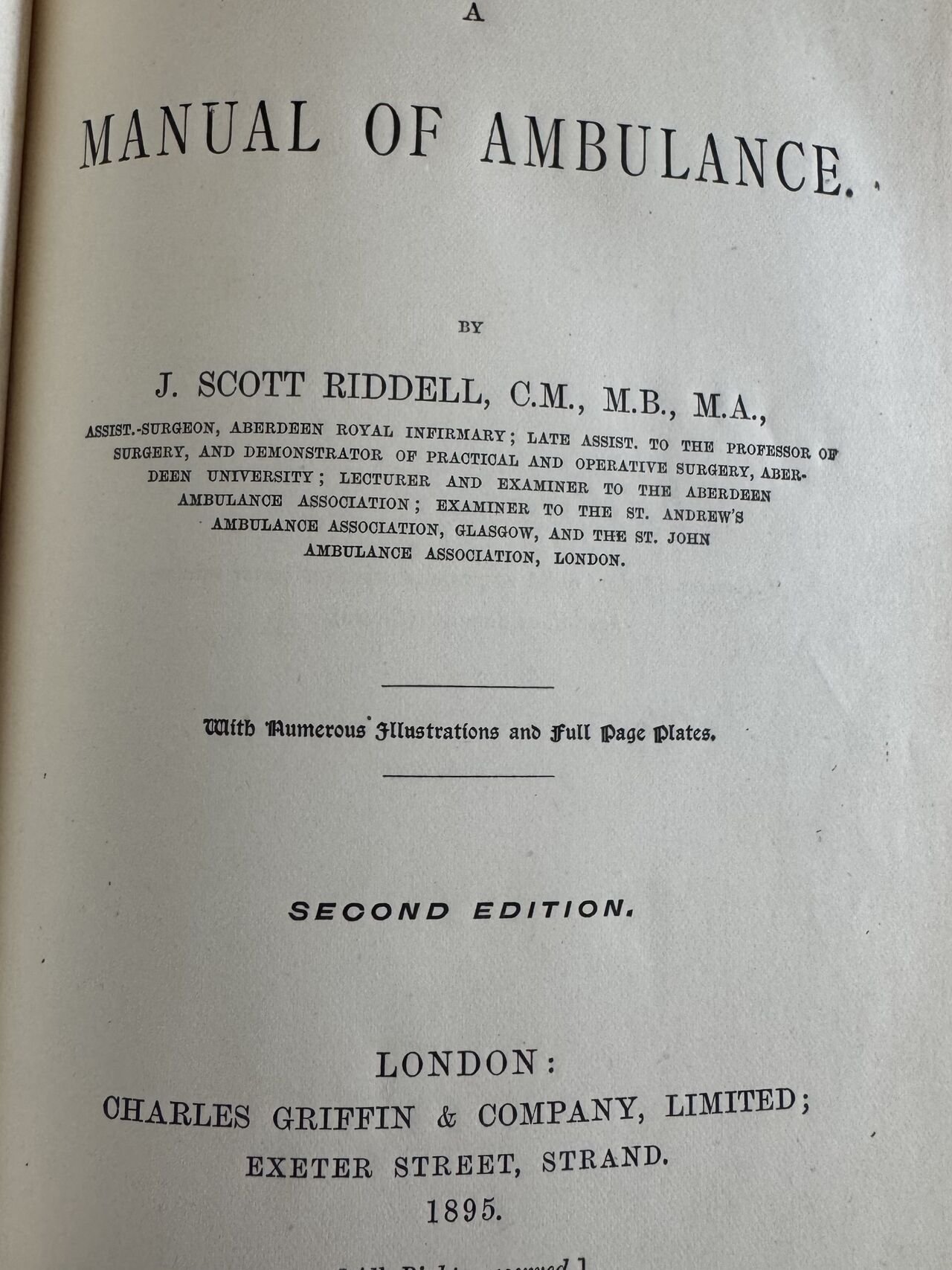 Title page of the second edition of A Manual of Ambulance by J. Scott Riddell, published by Charles Griffin and Company, London, 1895