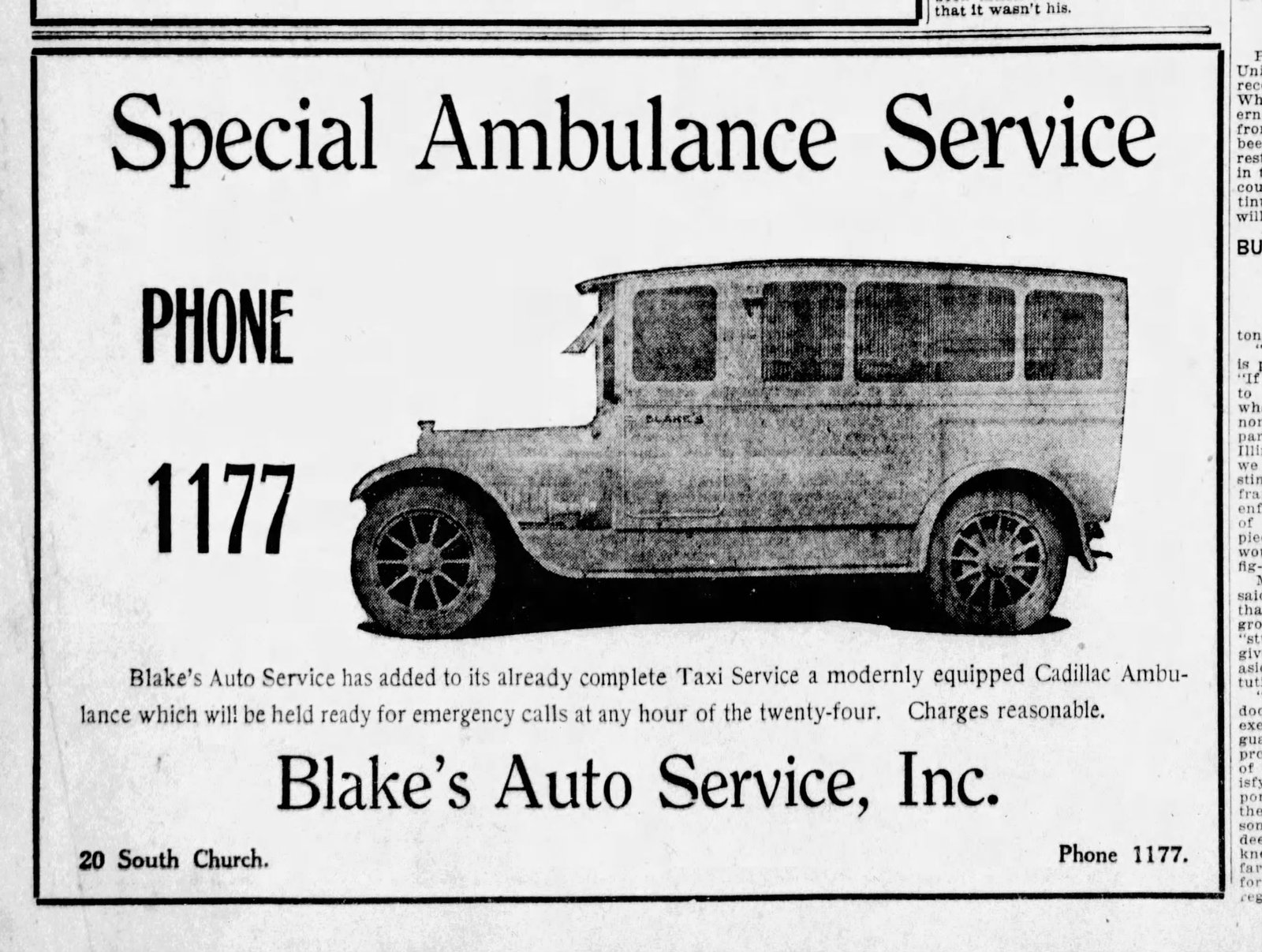 1921 Charlotte Observer advertisement for Blake's Auto Service, a taxi company offering a Cadillac ambulance, with an illustration of the vehicle