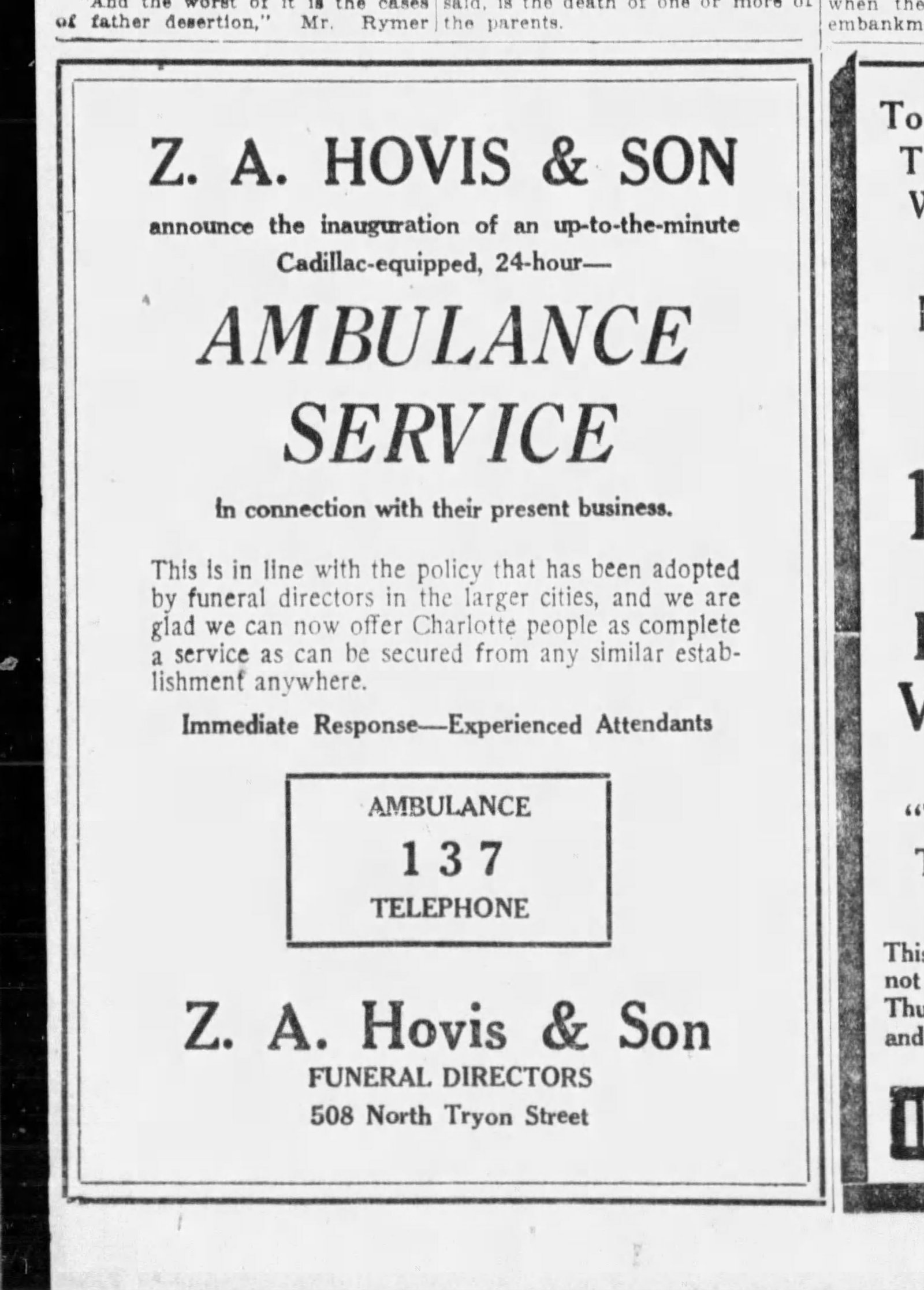 1926 Charlotte Observer advertisement in which funeral directors Z. A. Hovis and Son announce a Cadillac-equipped 24-hour ambulance service
